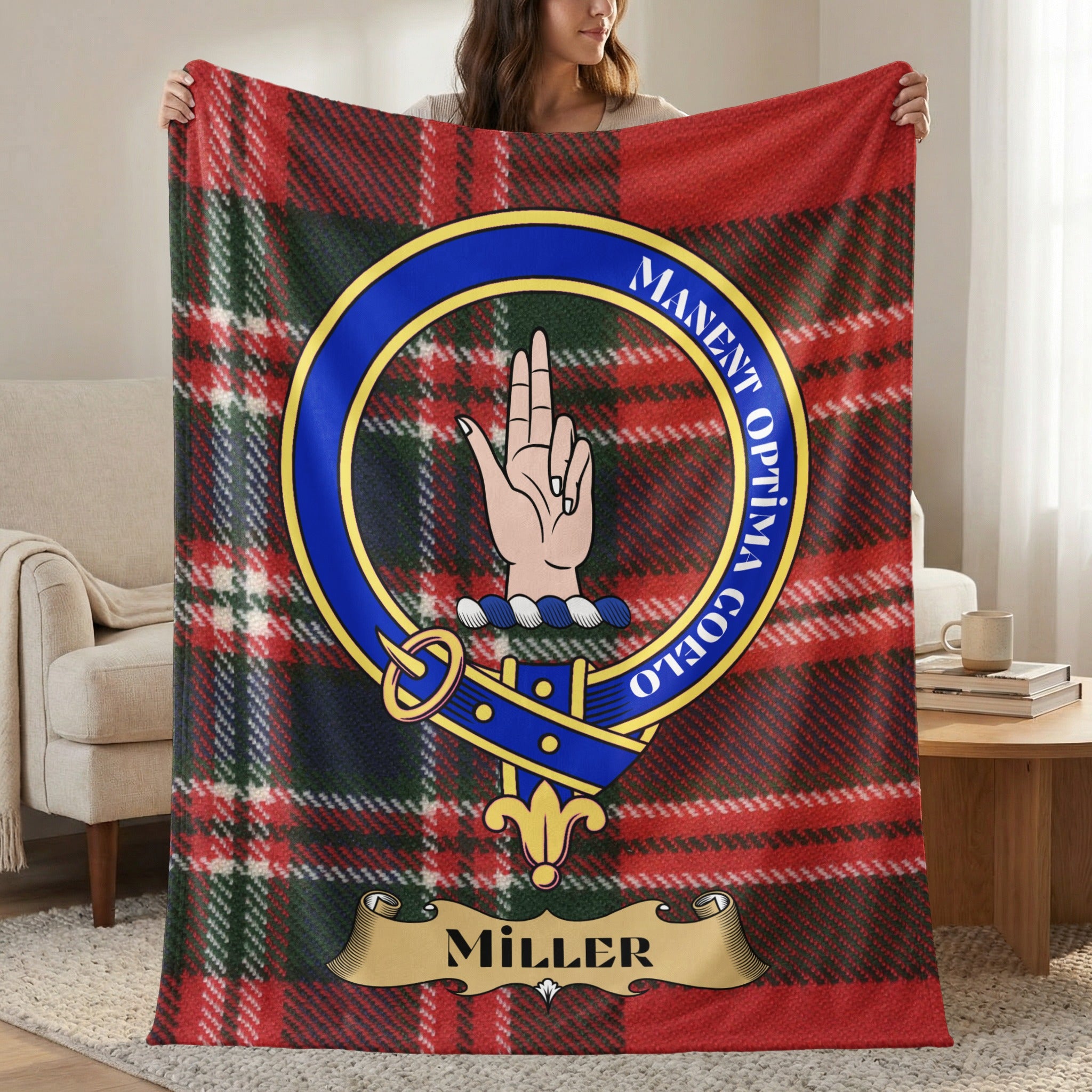 Miller clan crest tartan throw blanket with name — 50x60 polyester
