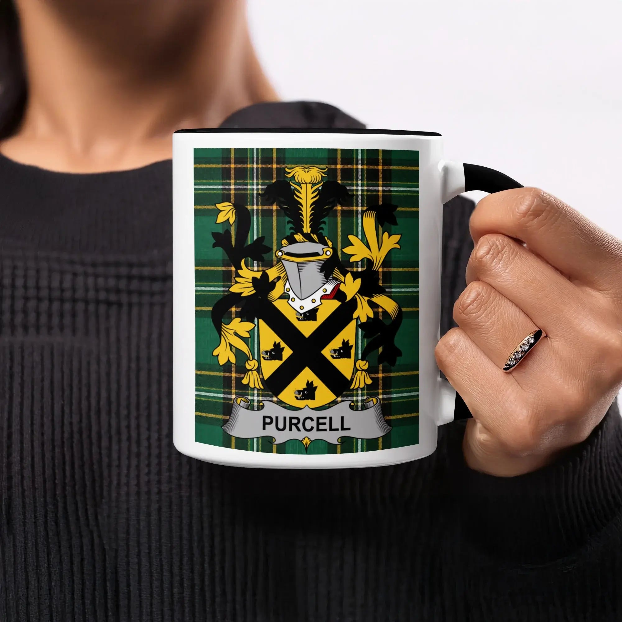 Purcell black accent mug with Irish National Tartan crest design