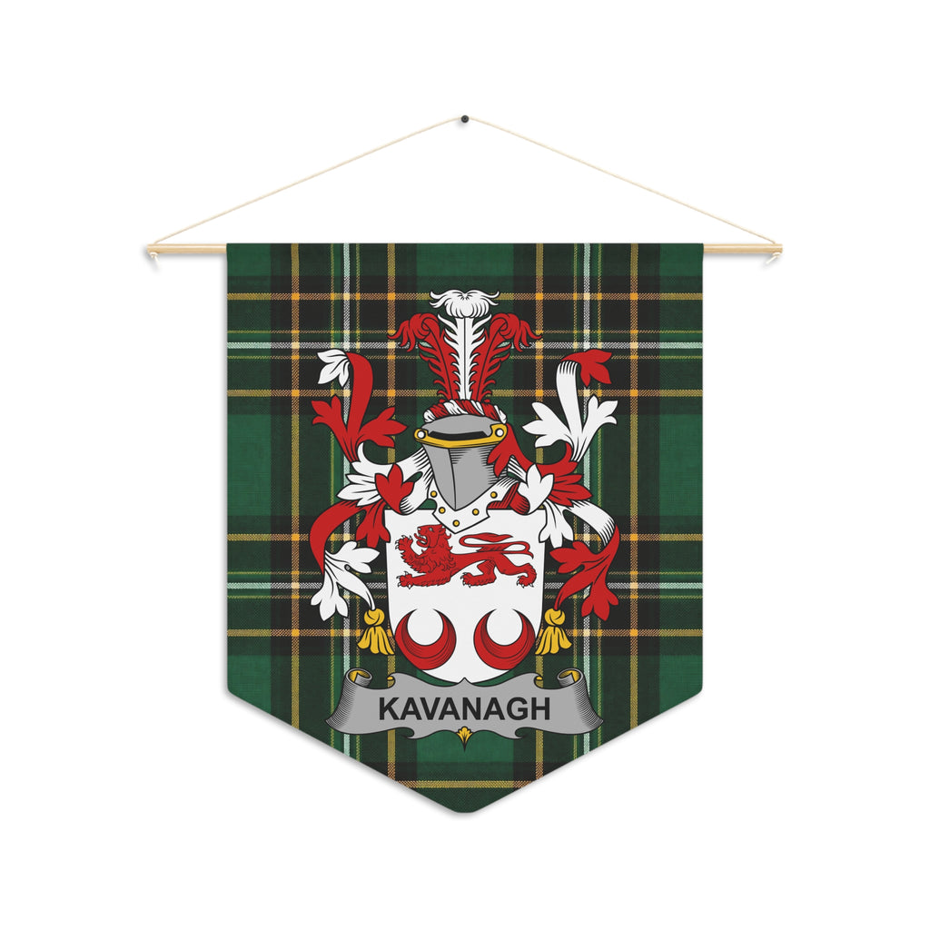 Kavanagh coat of arms on a green tartan pennant banner with a wooden dowel hanger.