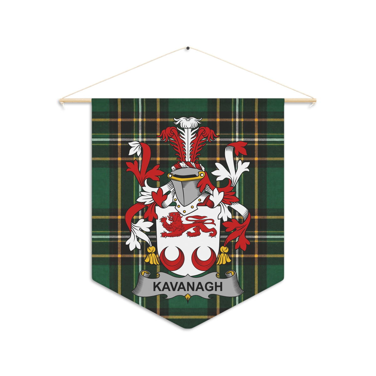 Kavanagh coat of arms on a green tartan pennant banner with a wooden dowel hanger.