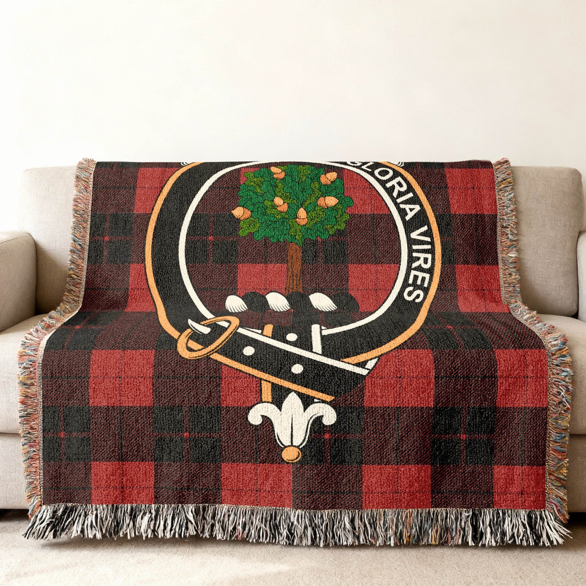 Cozy Highland Clan Crest Blanket with Fringe Edges