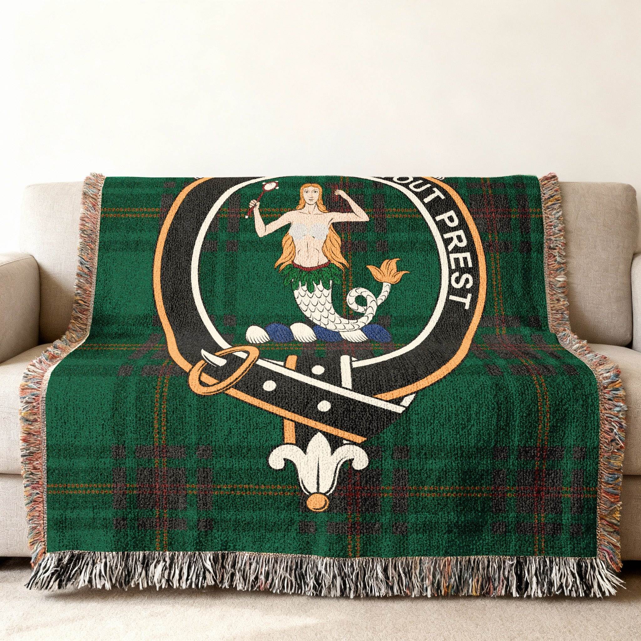 Murray Tout Prest mermaid clan crest tartan woven blanket draped — cotton throw with fringe