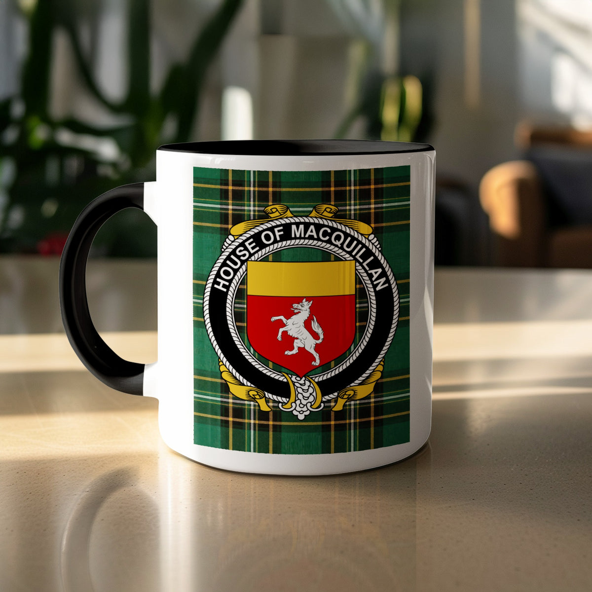 MacQuillan surname accent mug displayed with Irish National Tartan design