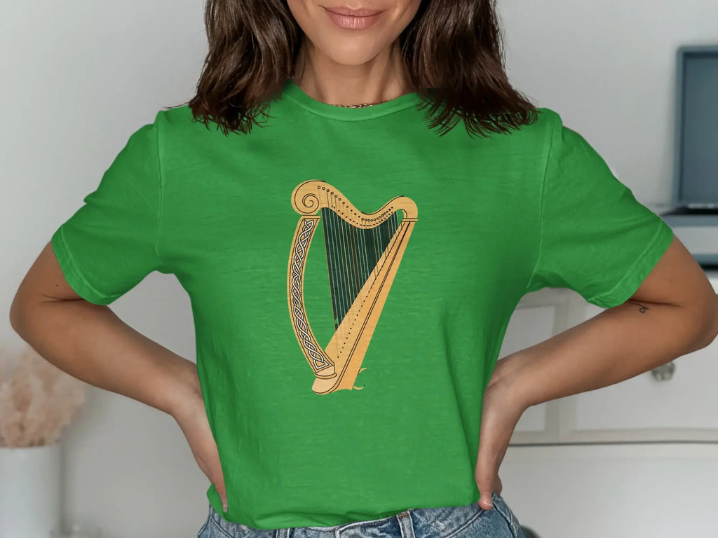Vibrant Green Tee with Elegant Harp Design Shirt