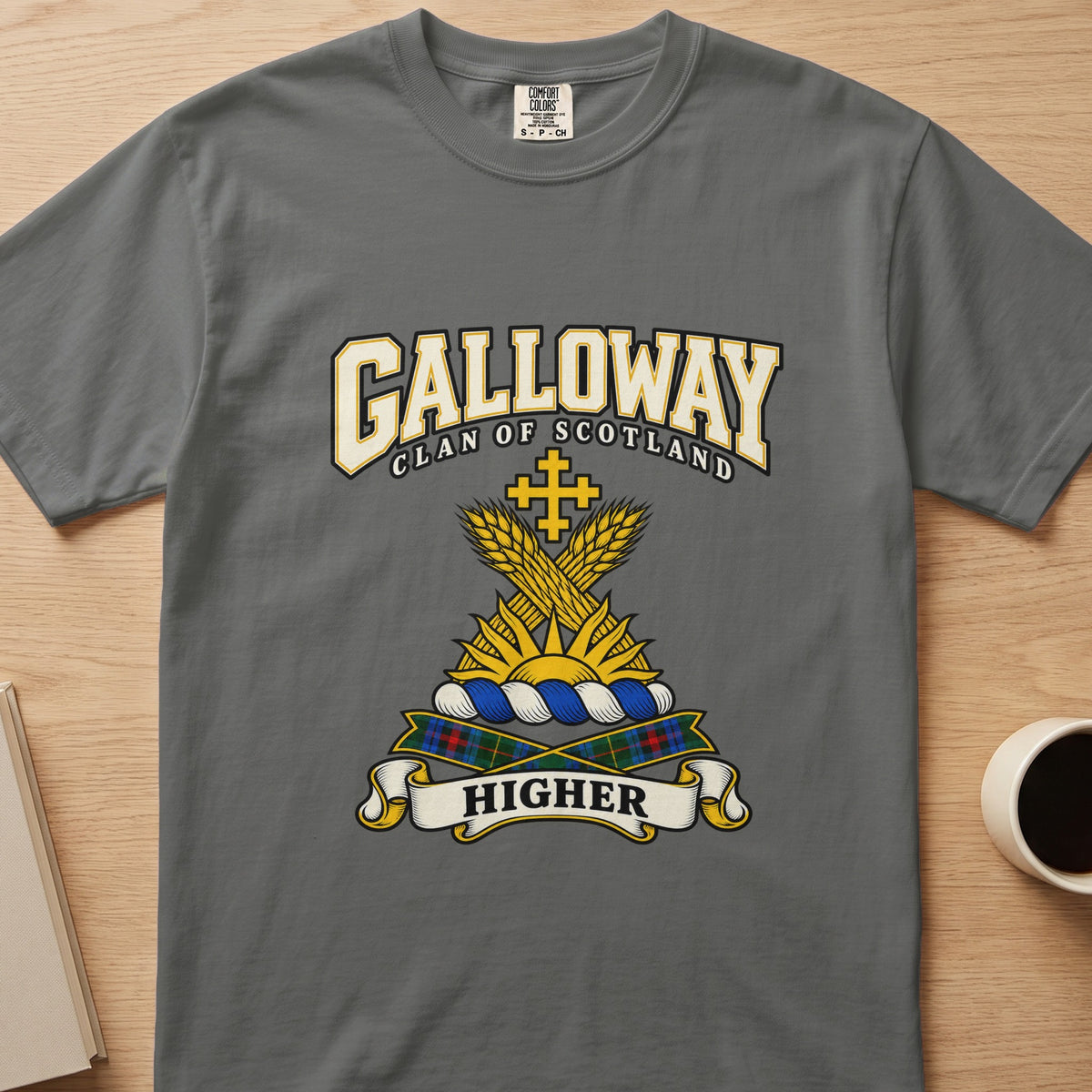 Galloway clan crest with golden wheat and cross on a gray Comfort Colors T-shirt, front view