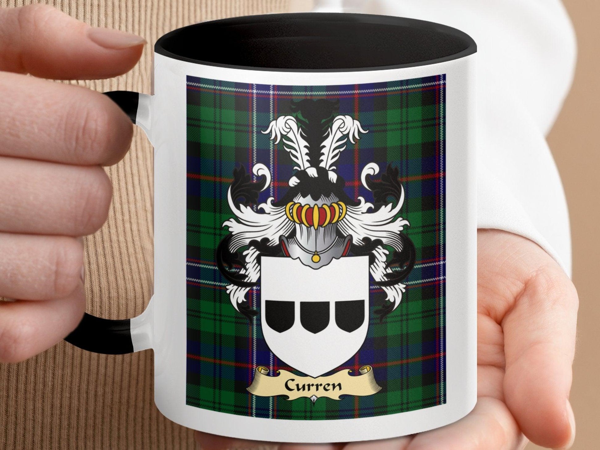 Curren Clan Coat Of Arms On Scottish Tartan T-Shirts - Celtic Ancestry Gifts