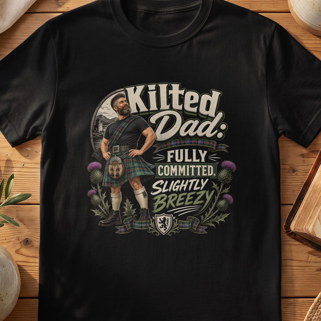 Black Gildan 64000 unisex T-shirt flatlay with Kilted Dad Fully Committed Scottish graphic design