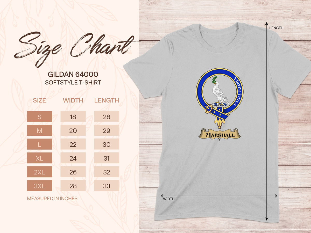 Gildan 64000 size chart for Marshall Scottish clan crest T-shirt