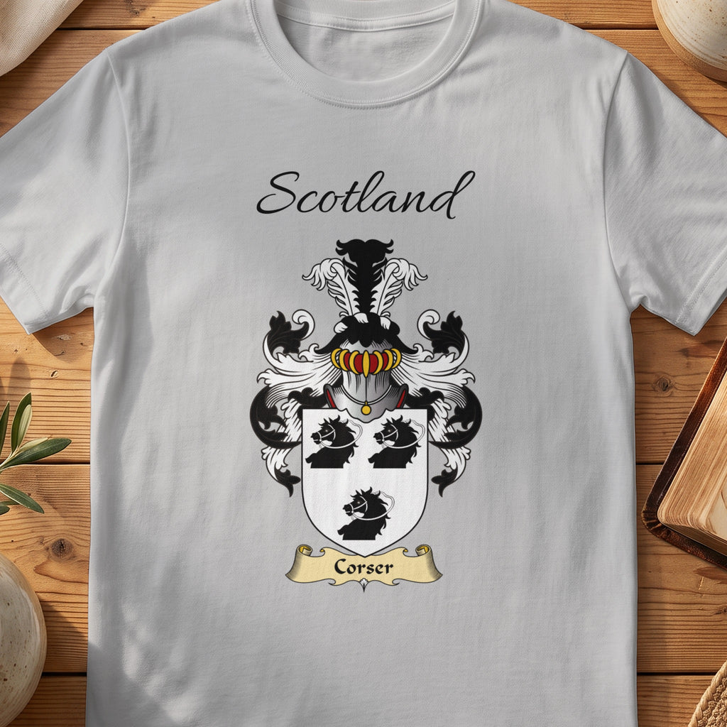 Sport Grey Corser Scottish family shield T-shirt featuring three black horse heads on white