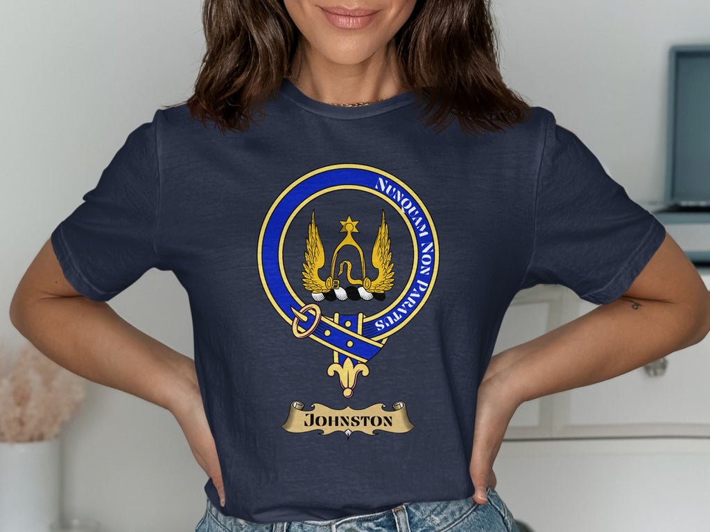 Johnston Scottish clan crest design on navy T-shirt