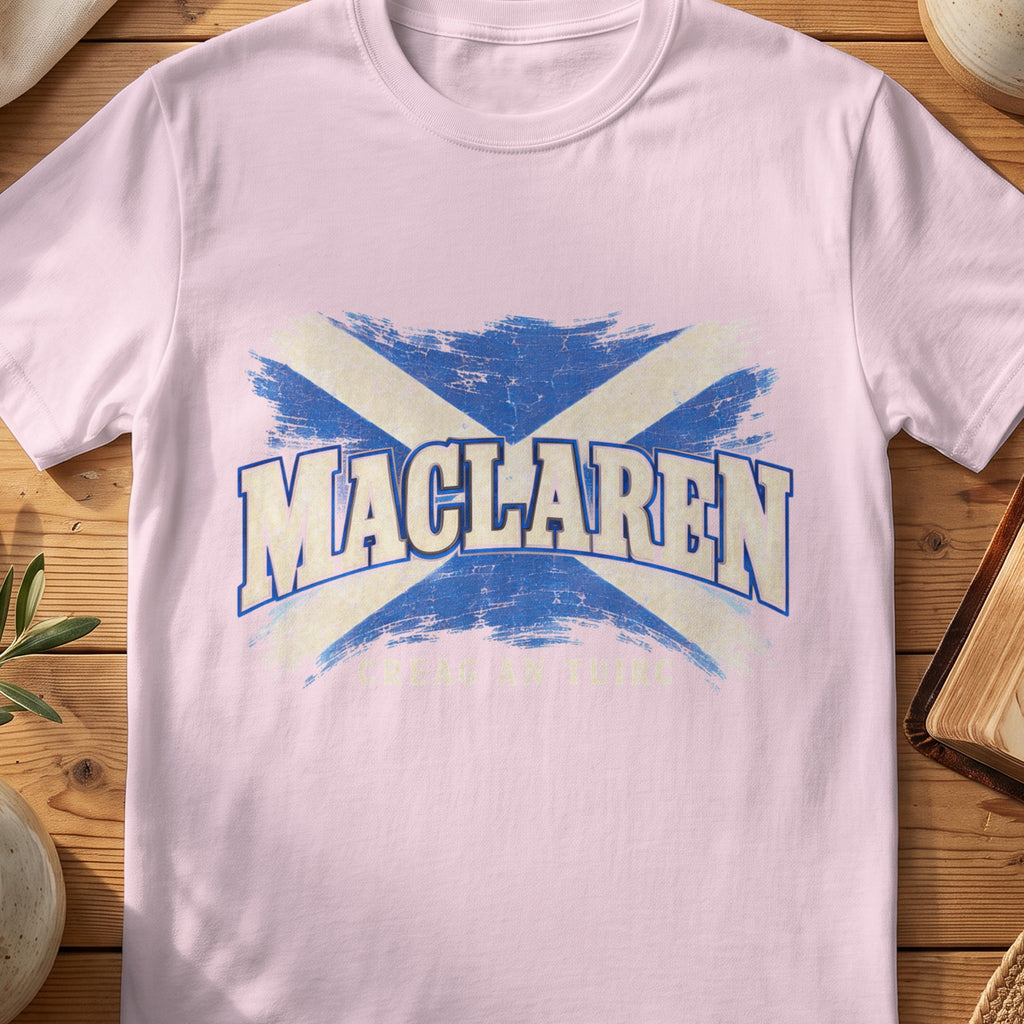 MacLaren Scottish Saltire T-shirt in Light Pink, with distressed blue and cream flag and “Creag an Tuirc” lettering.