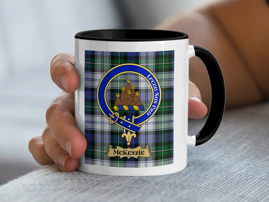 MacKenzie plaid clan crest and motto design mug 15oz — glossy white ceramic