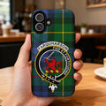 Clan Farquharson tartan phone case — glossy 3D wrap print, crest and motto Fide et Fortitudine, iPhone model
