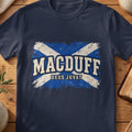 MacDuff Scottish Saltire T-shirt in Navy, with distressed blue and cream flag and “Deus Juvat” lettering.