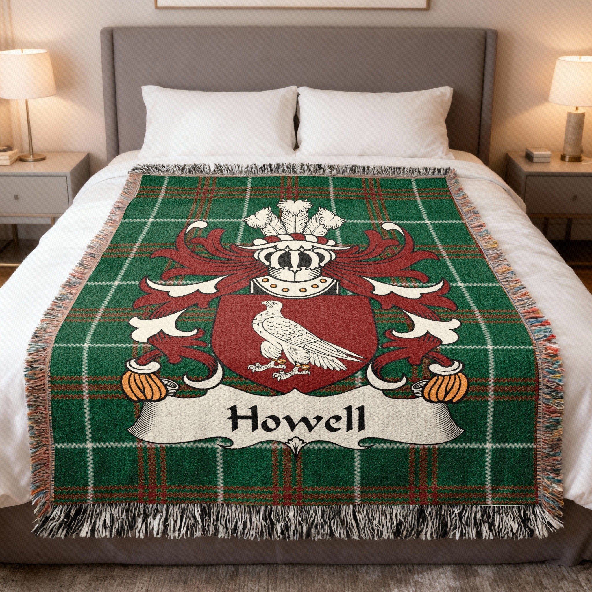 Howell Welsh crest woven blanket on Welsh national tartan