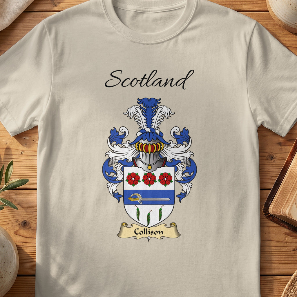 Sand Collison Scottish family shield T-shirt featuring red flowers above a blue band and green leaf motifs