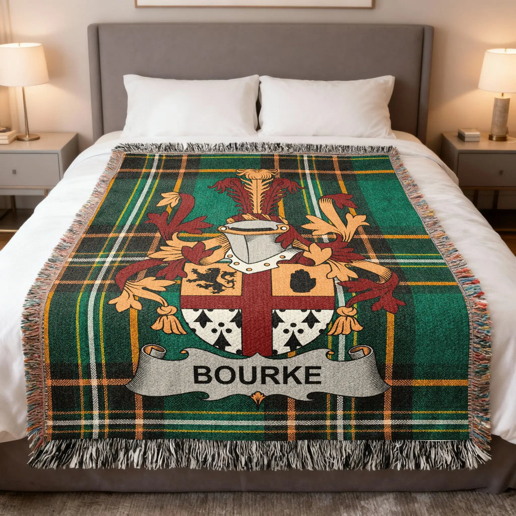 Bourke Irish family crest woven blanket with Irish tartan design and fringed edges