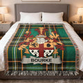 Bourke Irish family crest woven blanket with Irish tartan design and fringed edges