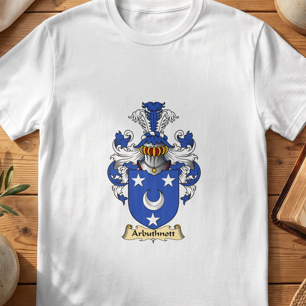 White Arbuthnott Scottish family shield T-shirt featuring a white crescent and stars on blue