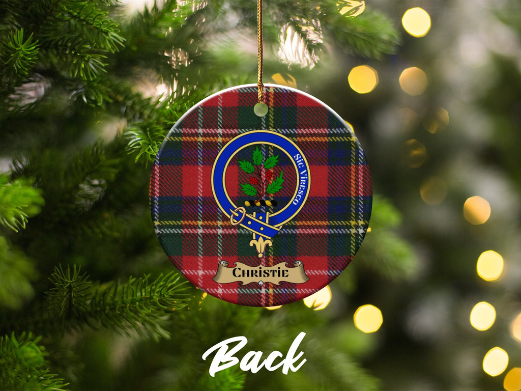 Christie crest with holly and Sic Viresco motto on tartan ornament