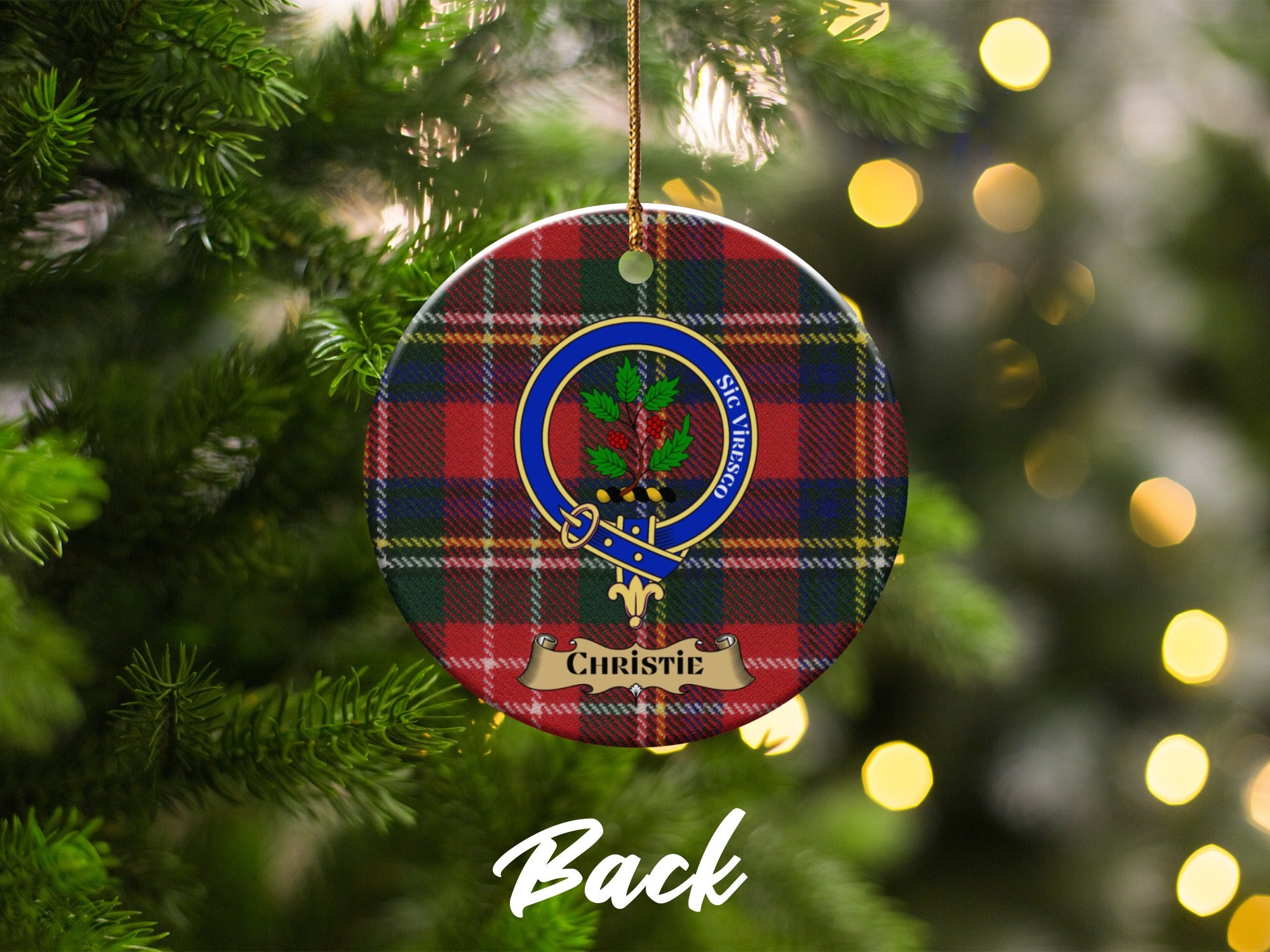Christie crest with holly and Sic Viresco motto on tartan ornament