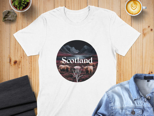 Scenic Scotland Highland Cow and Thistle T-Shirt - Living Stone Gifts