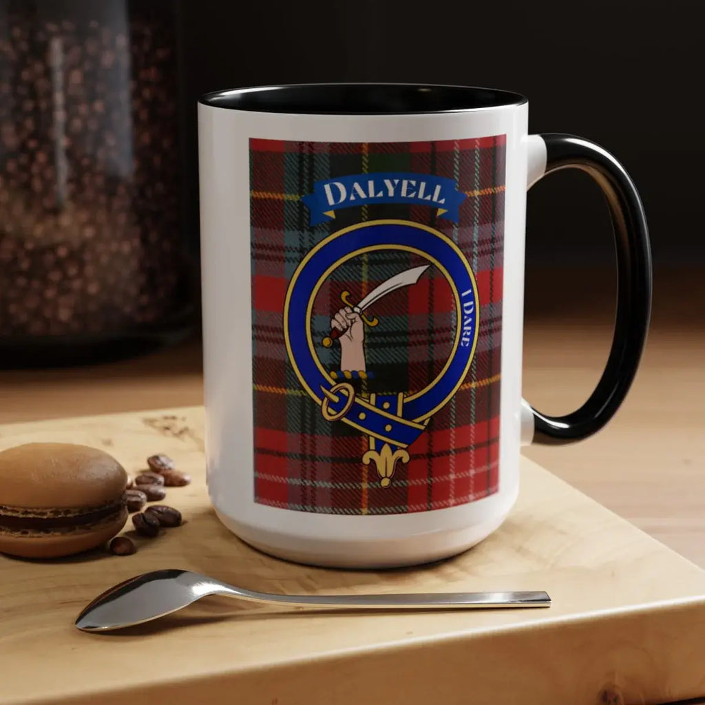 Close-up of the Dalyell clan crest printed on a ceramic mug