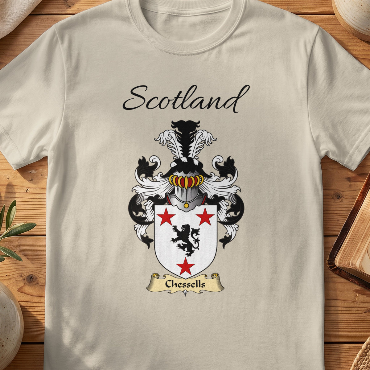 Sand Chessells Scottish family shield T-shirt featuring a black lion between red stars