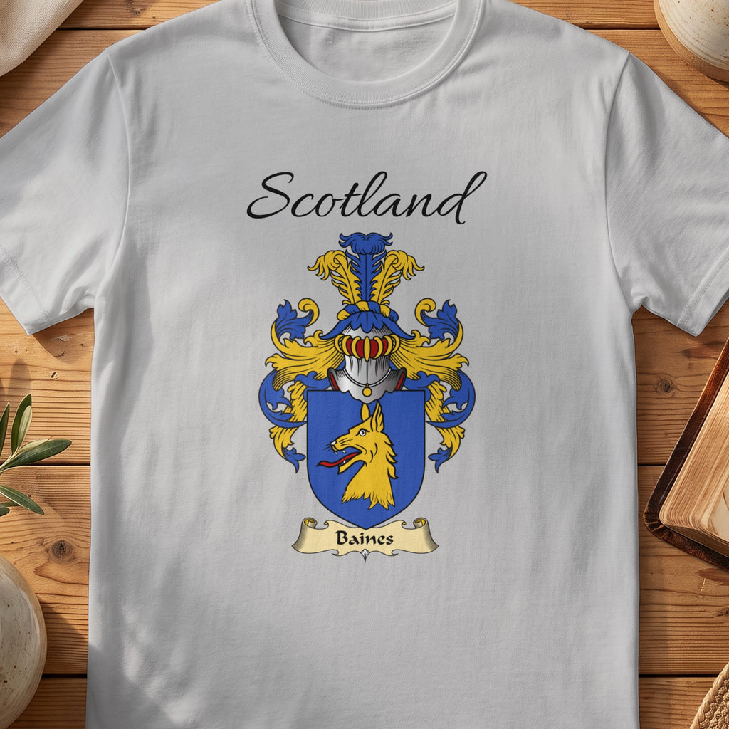 Sport Grey Baines Scottish family shield T-shirt featuring a gold animal head on a blue shield