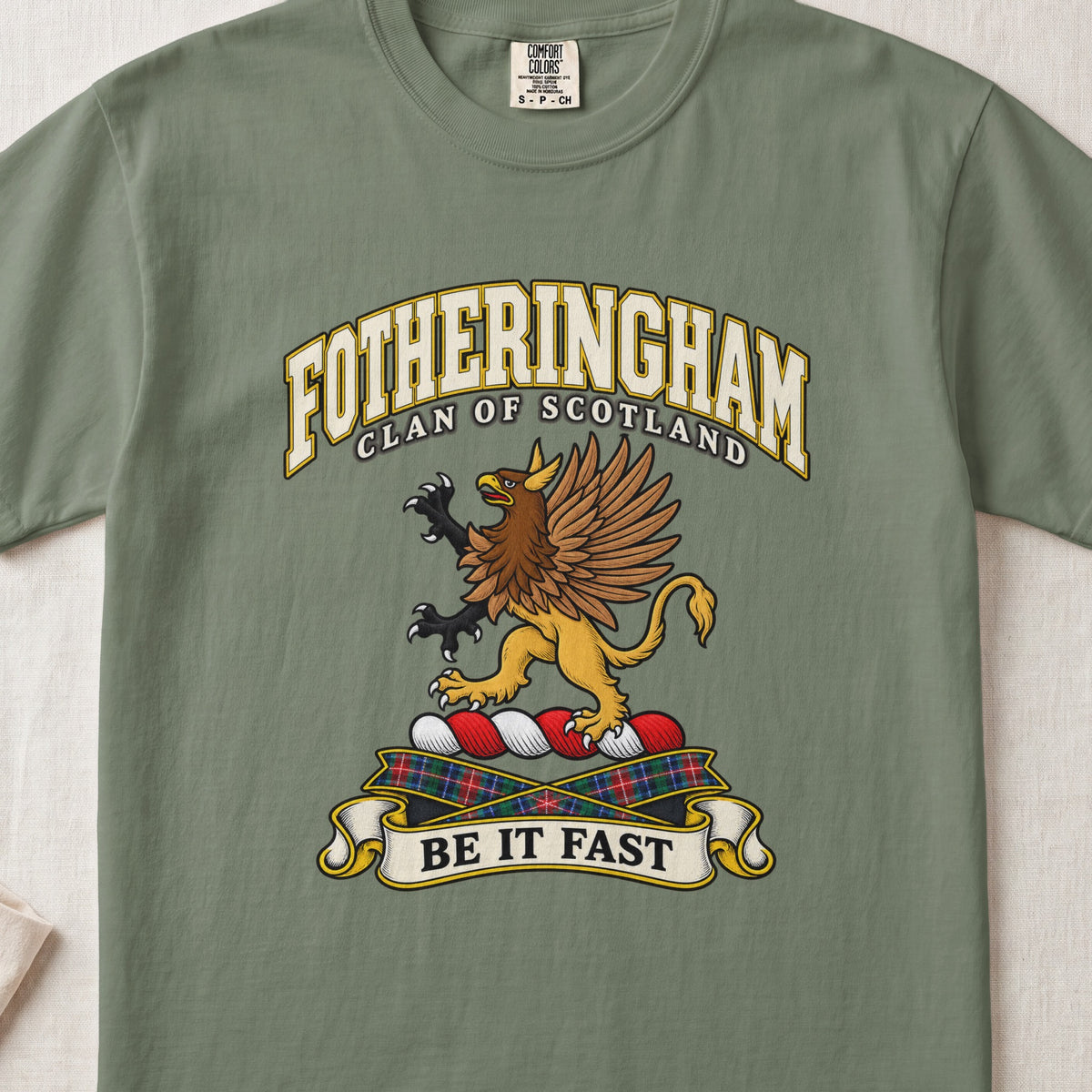 Fotheringham Scottish clan T-shirt in Moss, front view with a brown and gold winged griffin and motto banner.