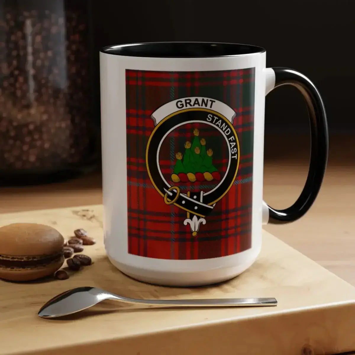 Grant clan tartan mug top-down view — black interior, Stand Fast crest visible from above