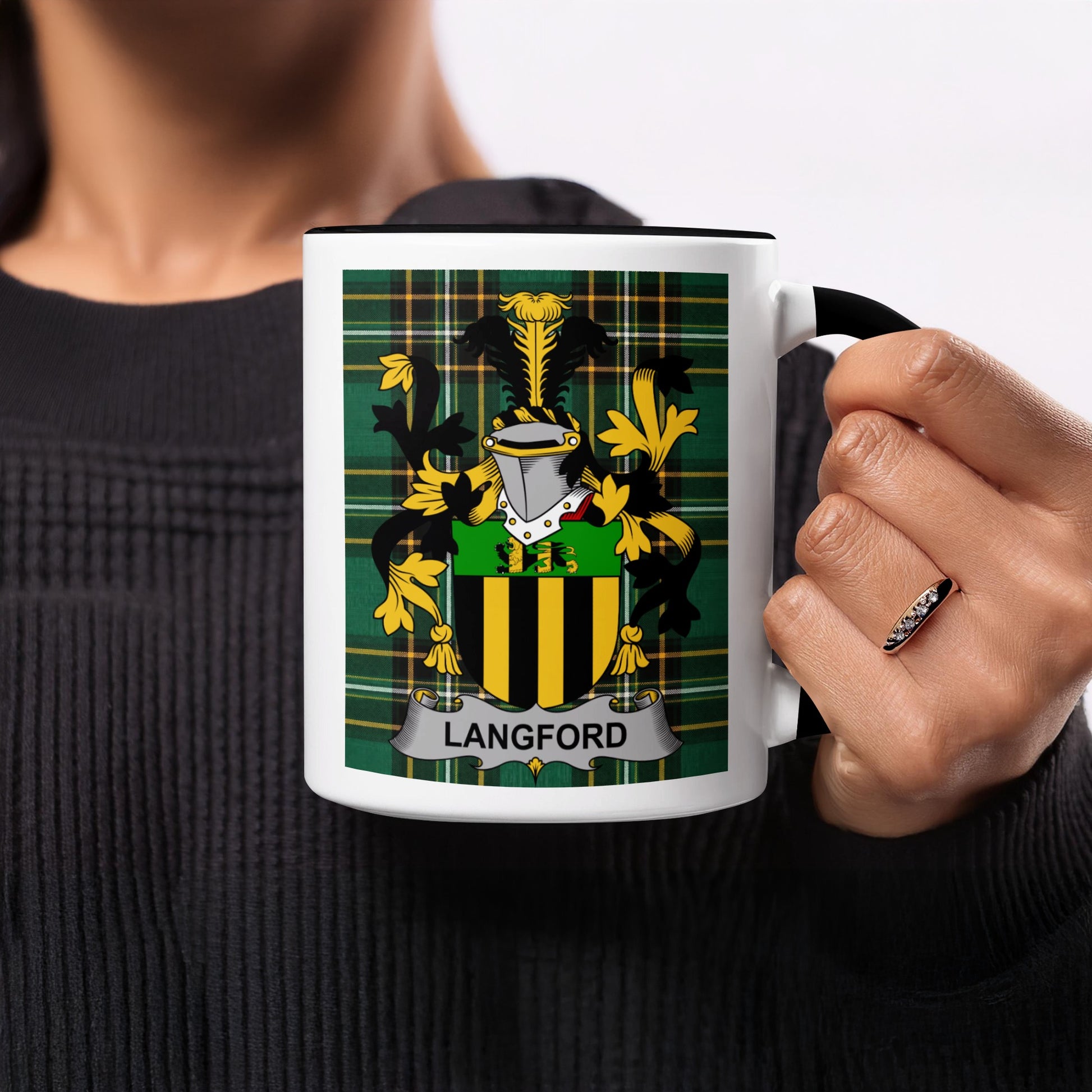 Mug with a tartan background and the Langford family crest.
