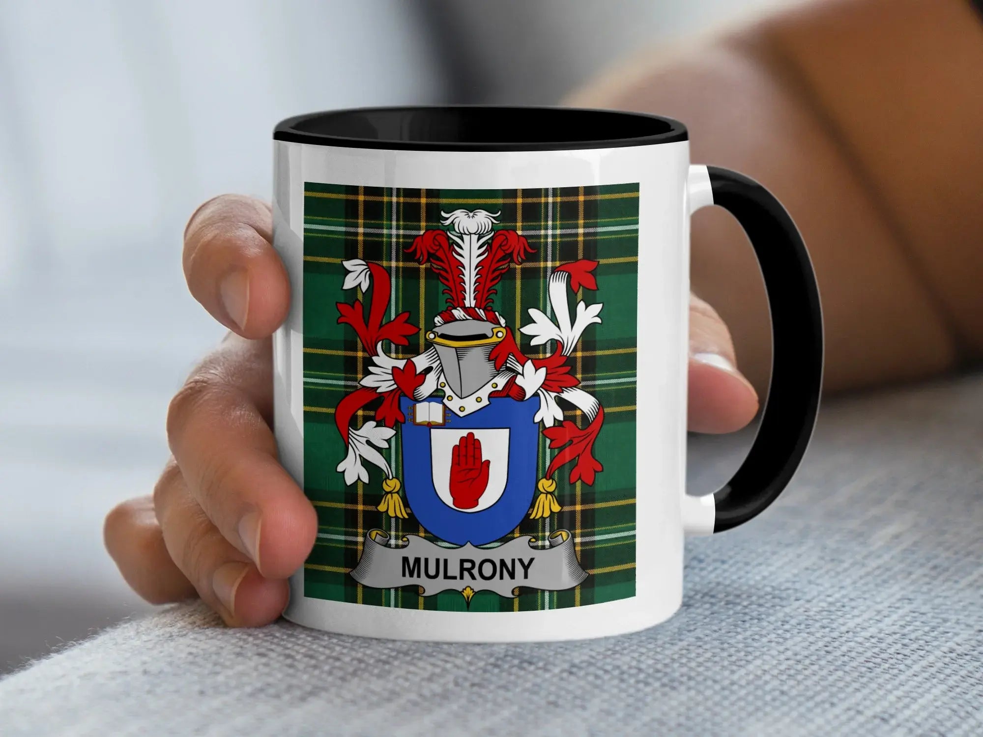 Mulrony Irish family crest black accent mug