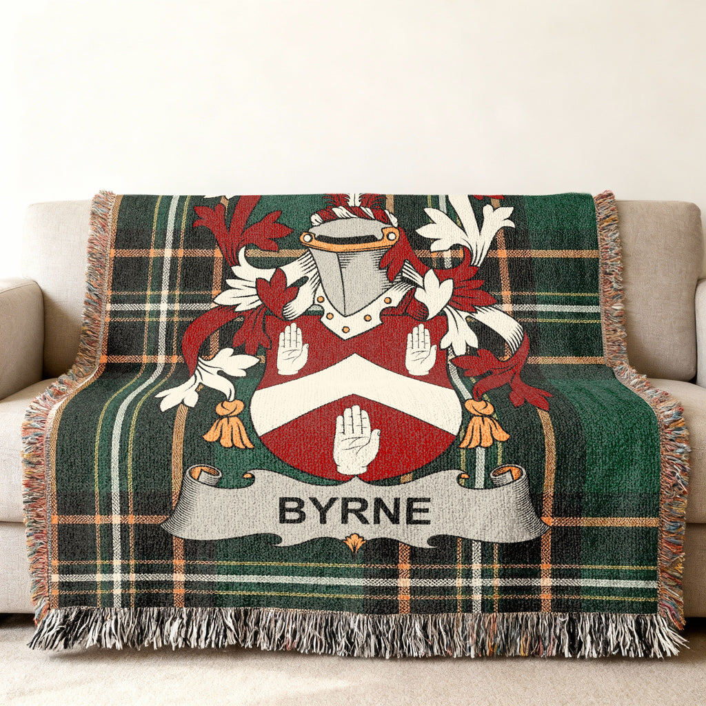 Byrne surname cotton woven throw with Irish tartan-style background
