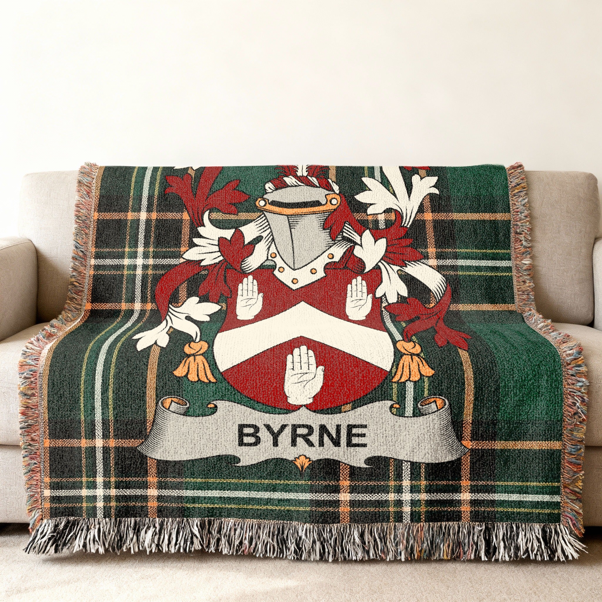 Byrne surname cotton woven throw with Irish tartan-style background