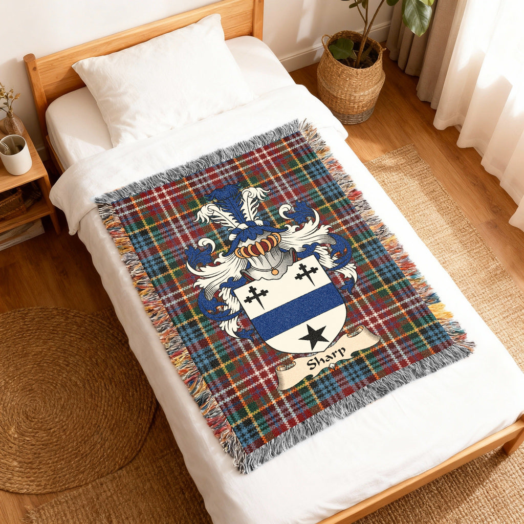 Sharp Caledonia tartan heritage woven throw blanket with family shield
