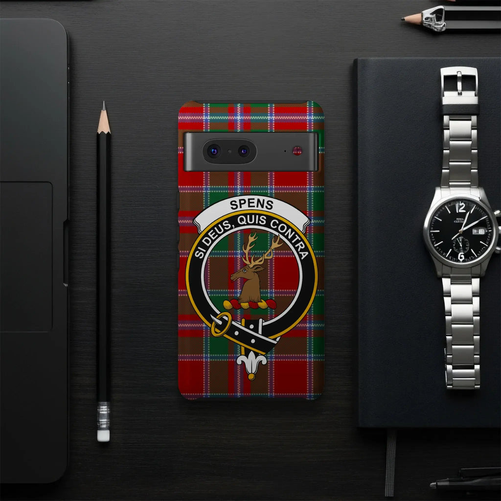 Clan Spens tartan crest phone case — glossy surface with plaid design