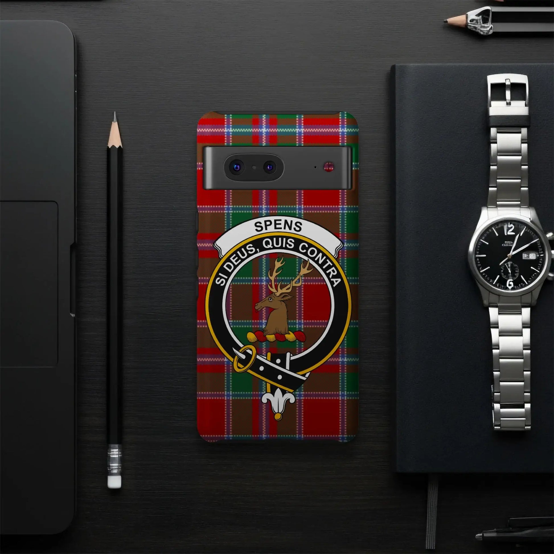 Stylish SPENS Clan Crest Phone Case with Tartan Pattern