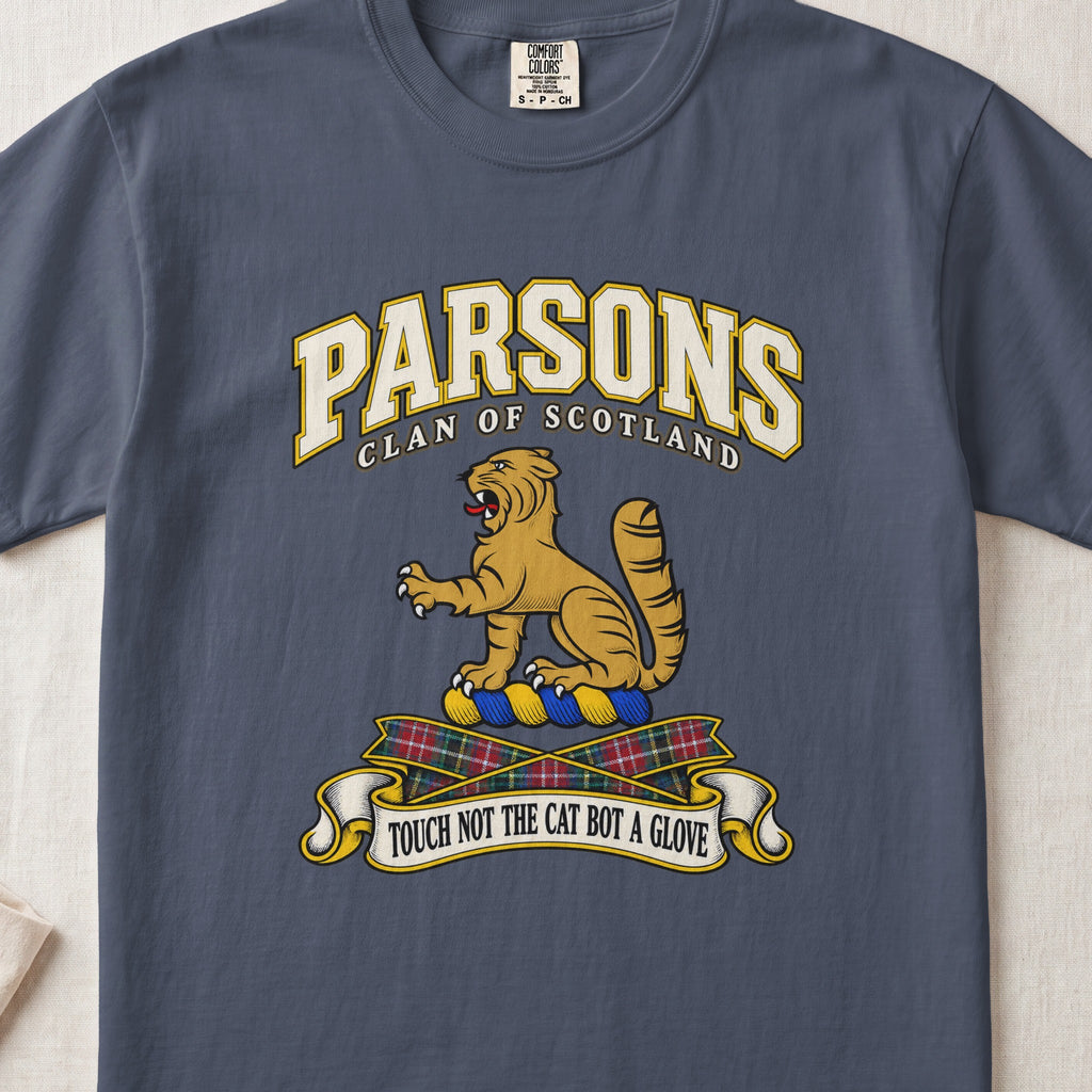 Parsons Scottish clan T-shirt in Midnight, front view with a golden wildcat and motto design.
