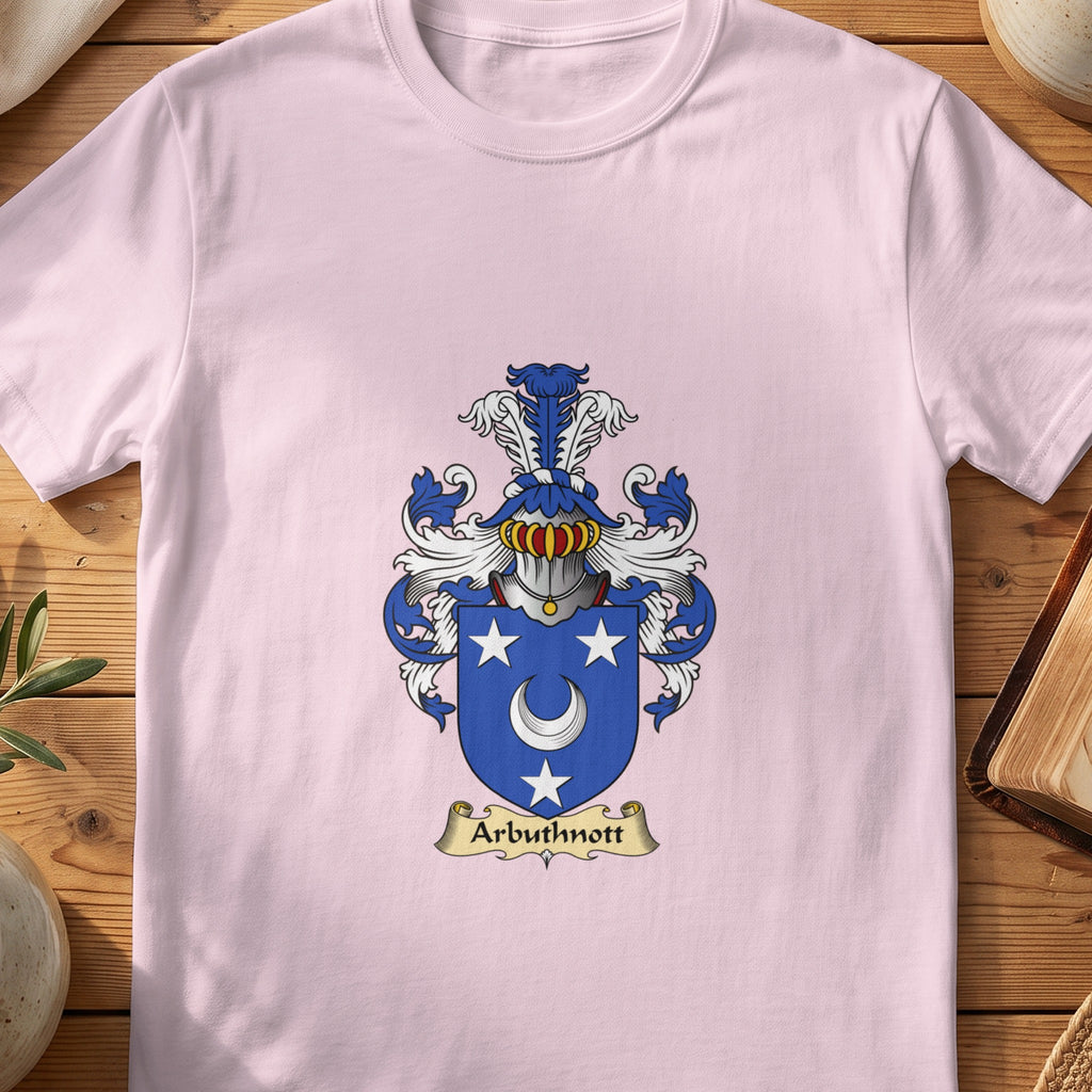 Light Pink Arbuthnott Scottish family shield T-shirt featuring a white crescent and stars on blue