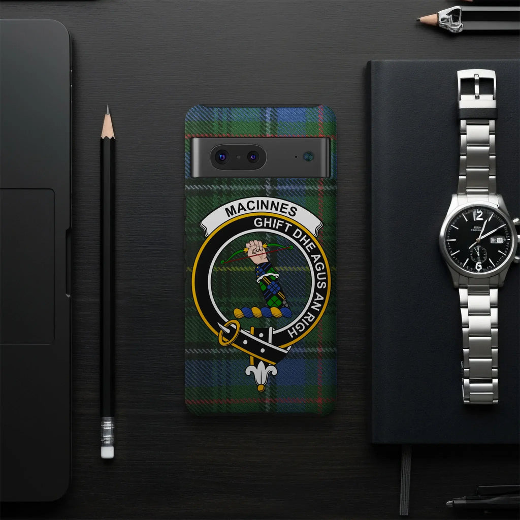 MacInnes clan crest tartan phone case — slim glossy UV-resistant wrap shown on smartphone