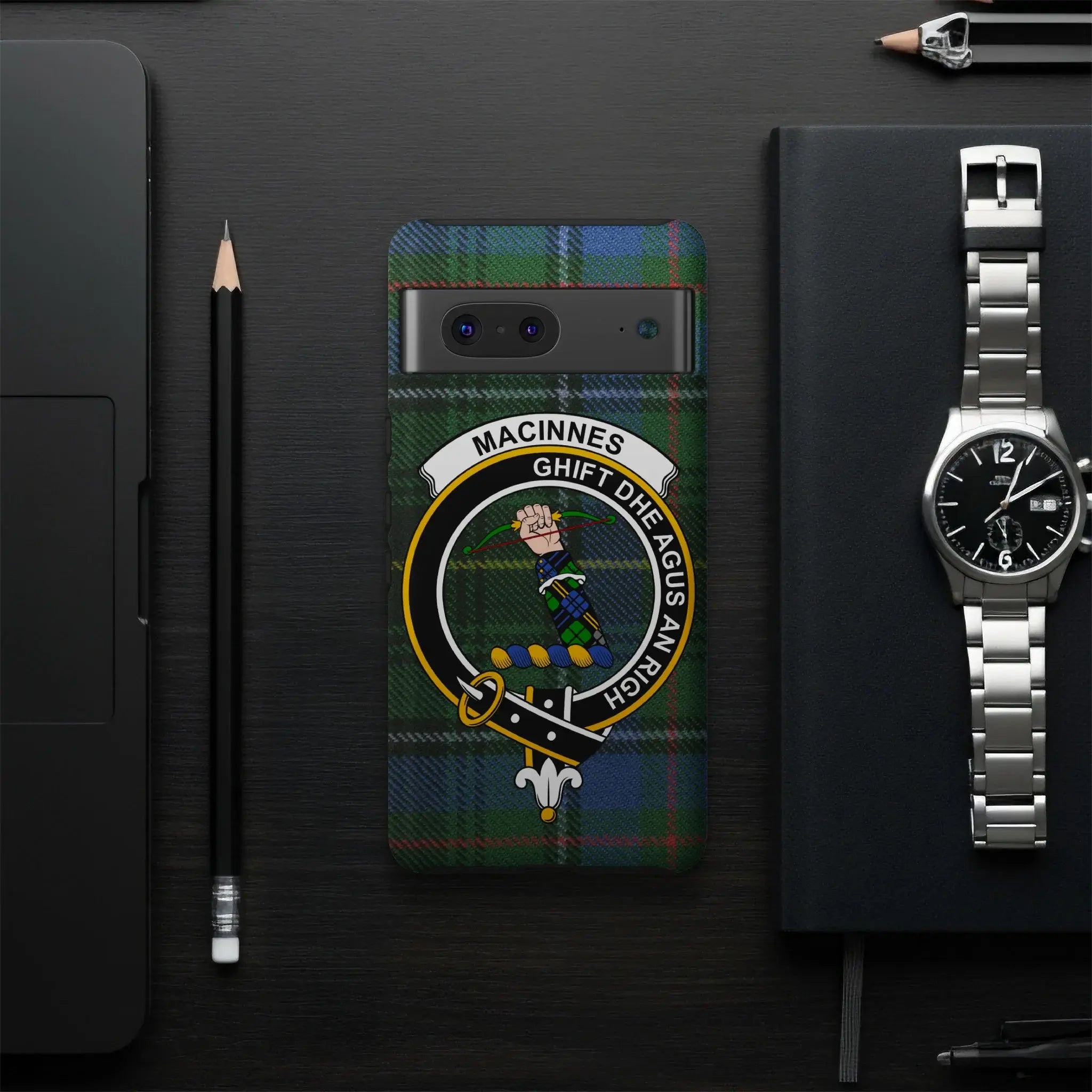 MacInnes clan crest tartan phone case — slim glossy UV-resistant wrap shown on smartphone