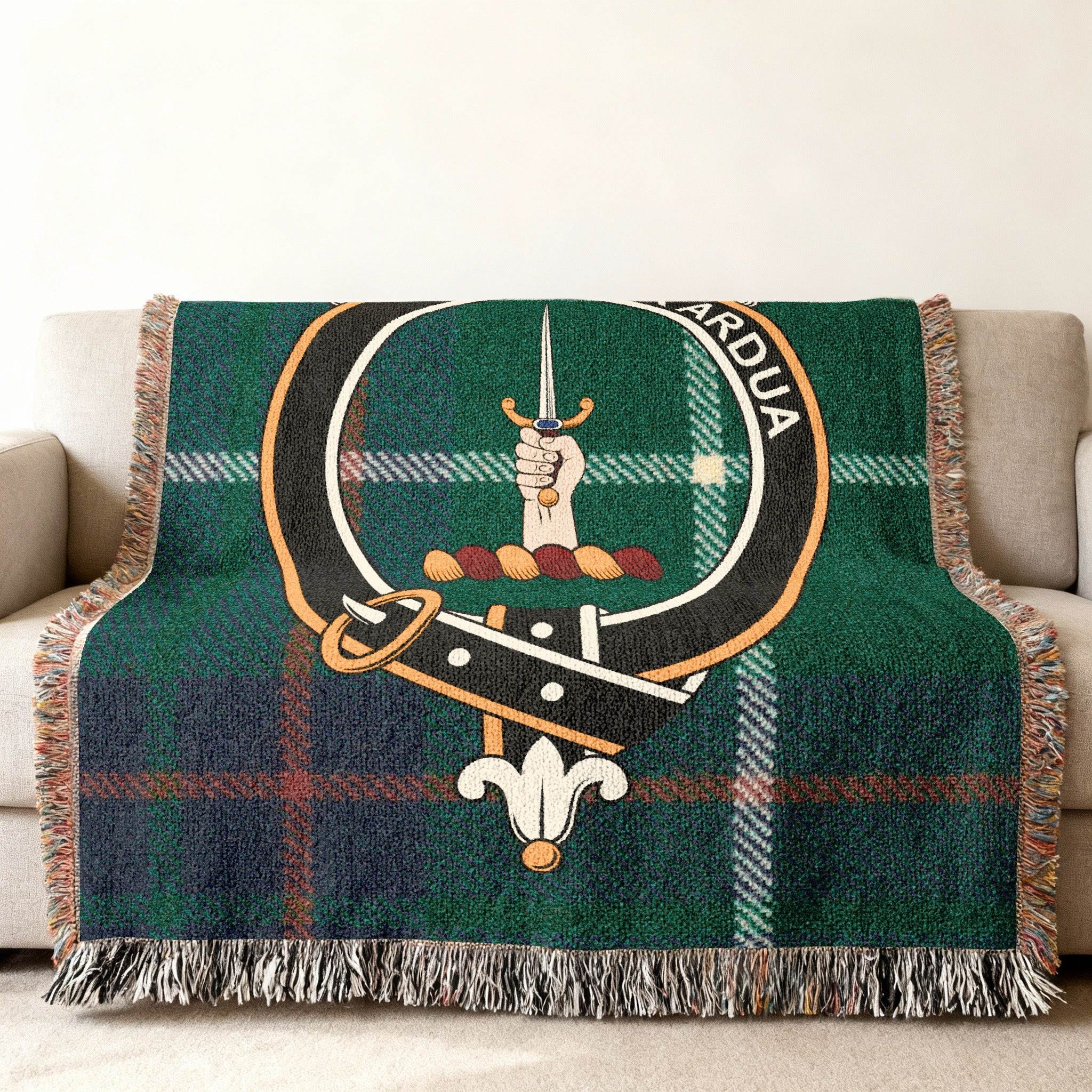 MacIntyre clan crest tartan woven blanket — fringe edge visible, 100% cotton