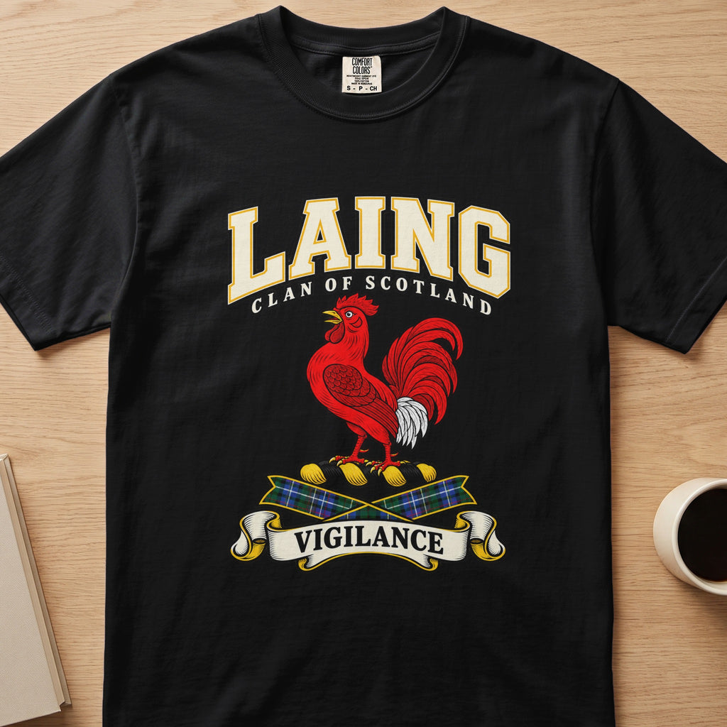 Laing clan crest with red rooster and Vigilance scroll on a black Comfort Colors T-shirt, front view