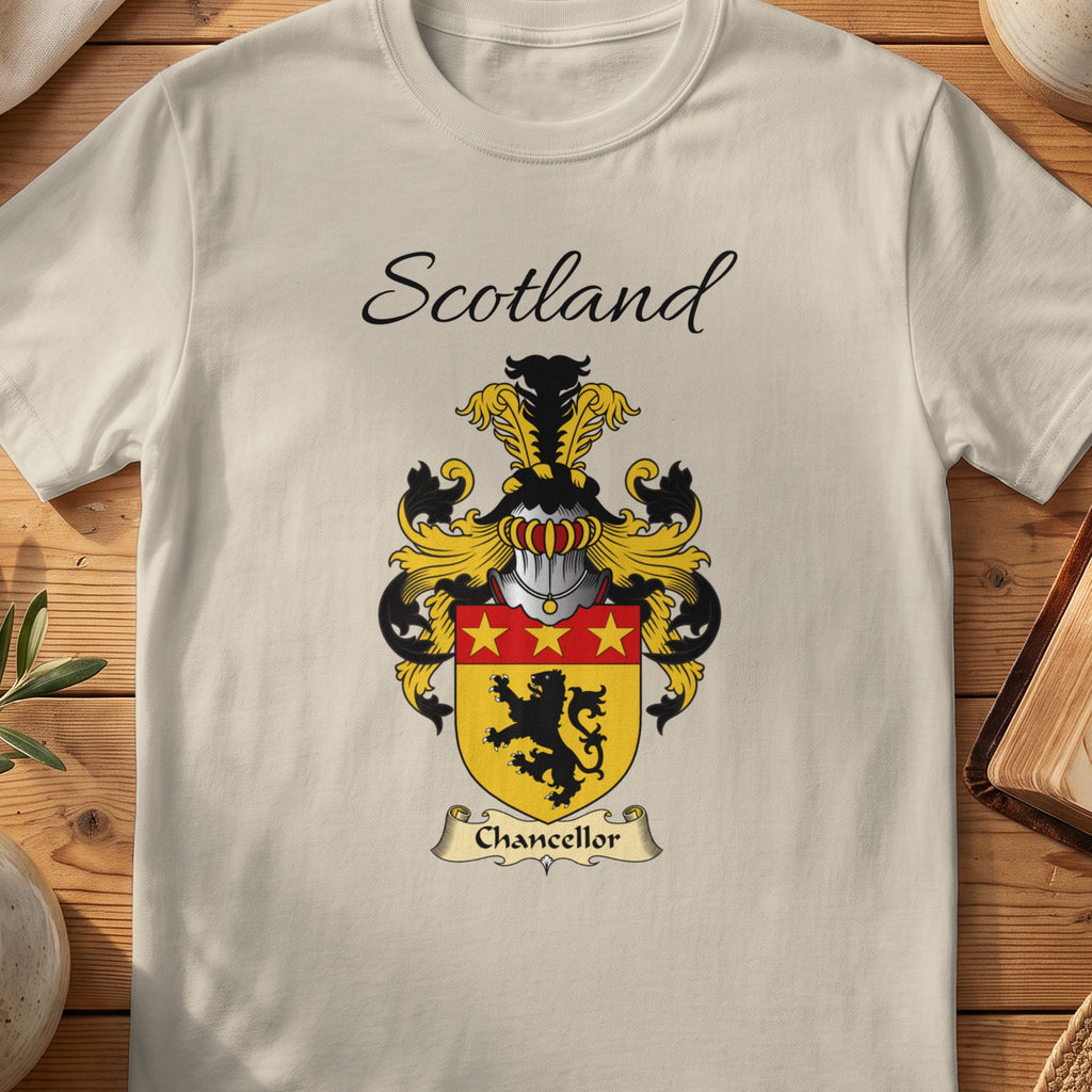Sand Chancellor Scottish family shield T-shirt featuring a black lion beneath a red band with gold stars