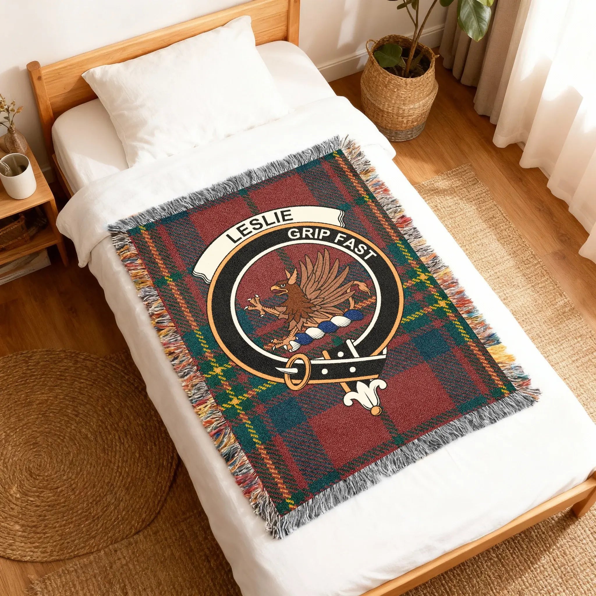Leslie Grip Fast tartan crest woven throw blanket — griffin clan design in cotton weave