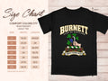 Comfort Colors 1717 size chart in inches with a black Burnett clan crest T-shirt preview