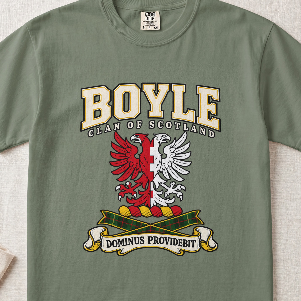 Boyle Scottish clan graphic T-shirt in Moss, front view
