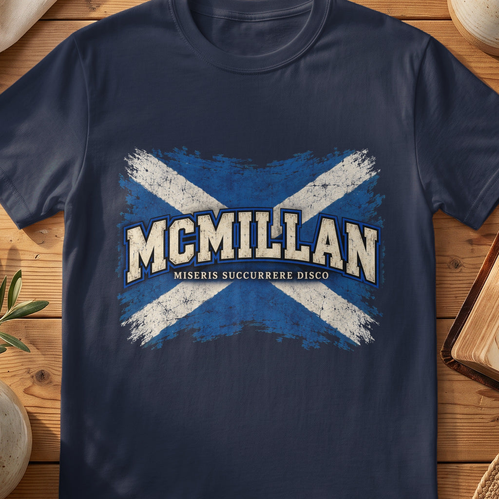 McMillan Scottish Saltire T-shirt in Navy, with distressed blue and cream flag and “Miseris Succurrere Disco” lettering.