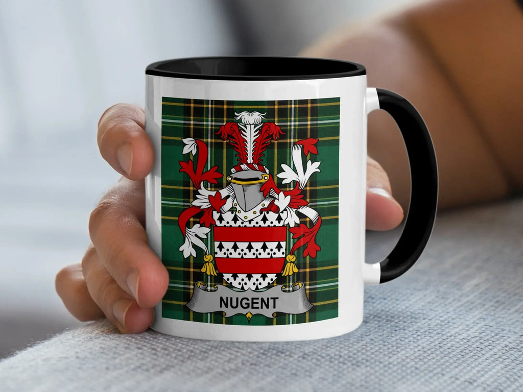Nugent Irish Heritage Accent Mug with black handle and family crest
